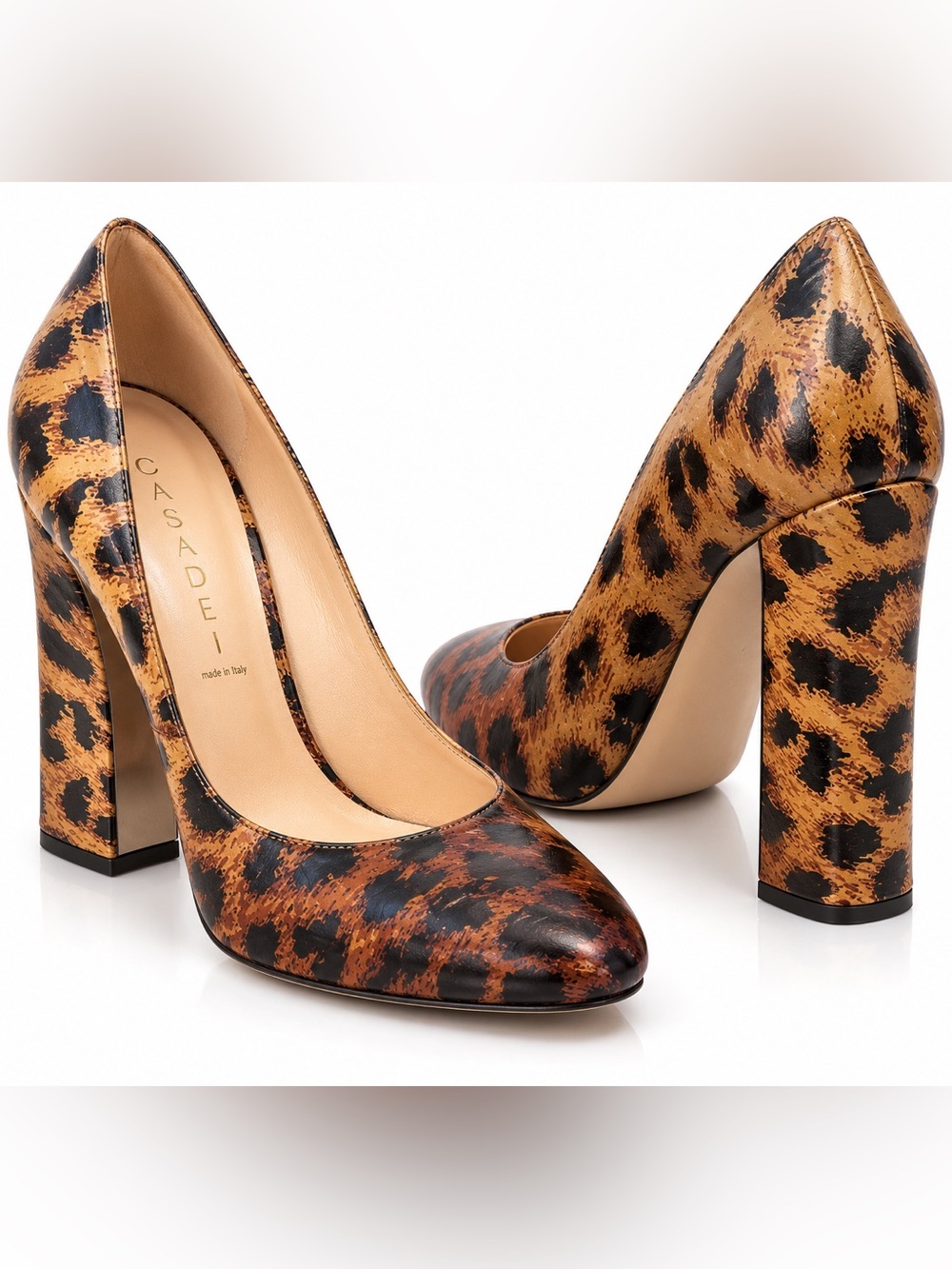 Casadei Leopard Print Leather Pumps EU 37.5 Block Heel Made in Italy Designer